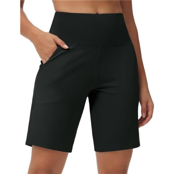 Women's High Waisted Bermuda Workout Shorts Long Shorts with Zipper Pockets - Picture 1 of 8